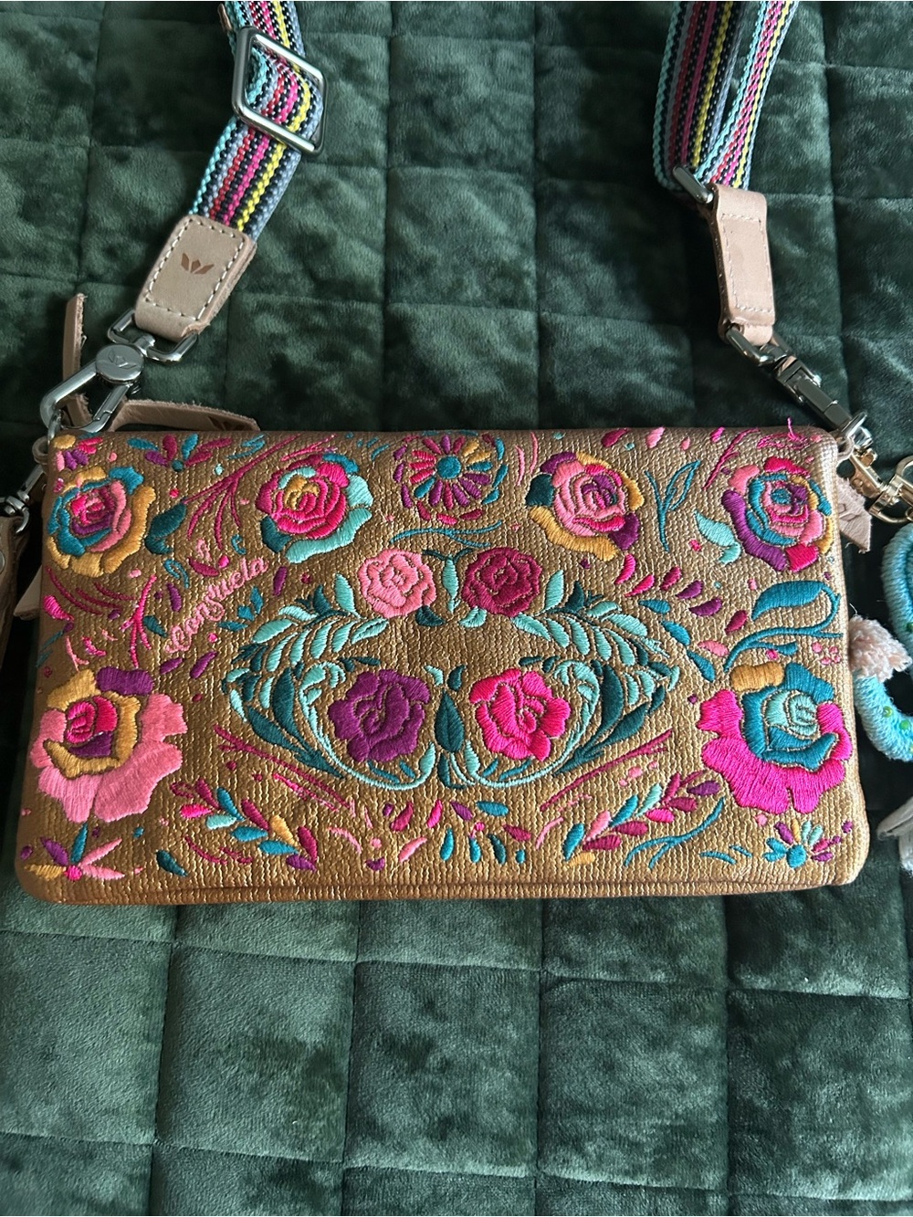 Consuela Embroidered Floral Crossbody - Bronze with Pink & Teal Accents